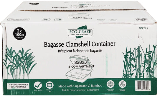 Eco-Craze - Bagasse Clamshell Container - 8x8x3" - 3 Comp